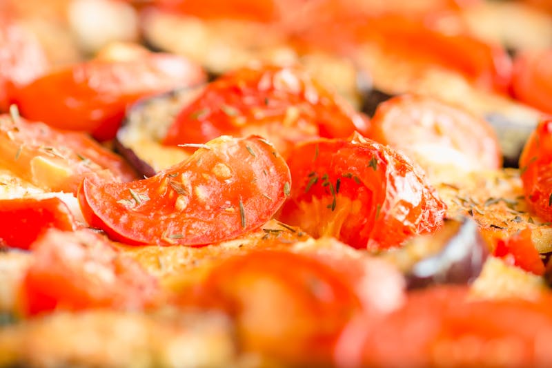 Veggie pizza with colorful roasted vegetables
